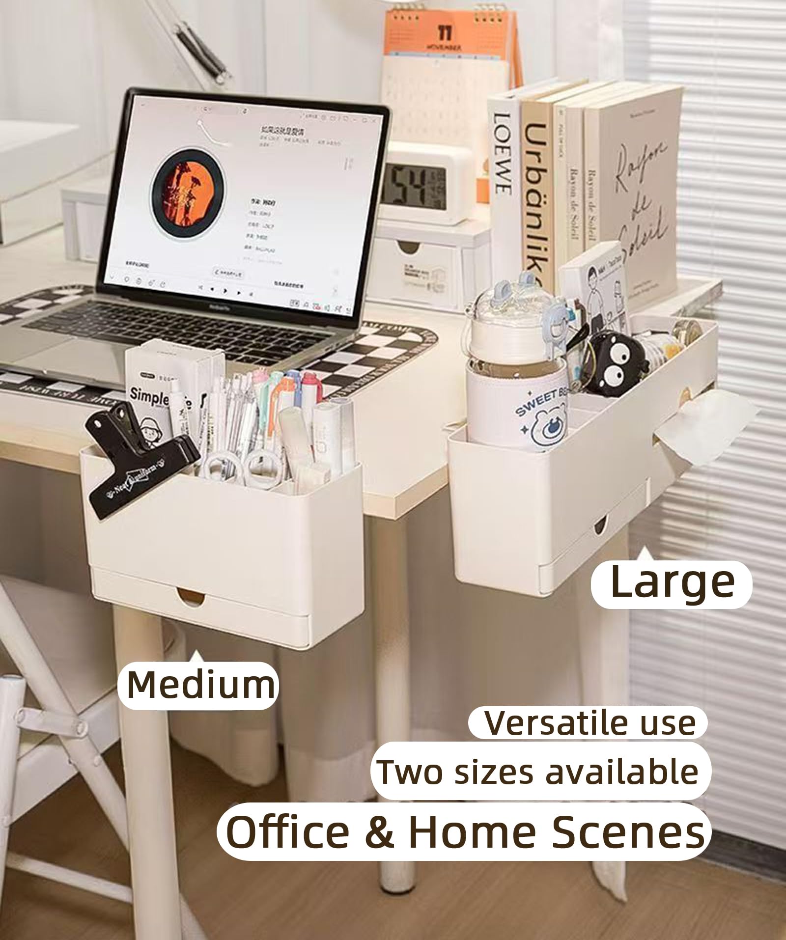 Desk Side Storage Organizer, Desk Cup Holder, No Drill Pen/Pencil/Phone Holder with Hanging Under Table, Clamp On Desktop Side, Stationery Organization Accessories for Home Office(M-size) - Image 3