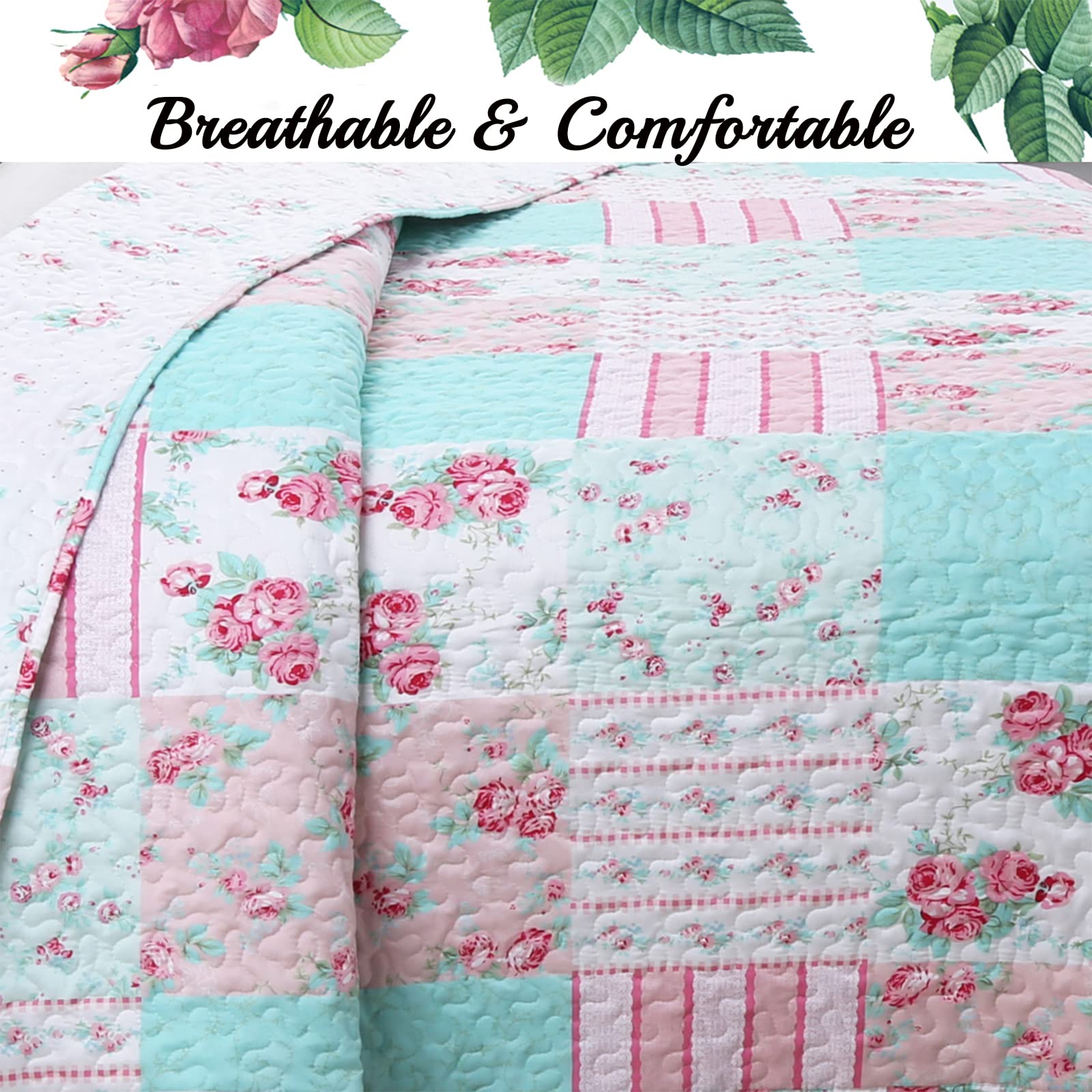 Cozy Line Home Fashions Bloom Floral Blue Rose Spring Reversible Quilt Bedding Set, Coverlet