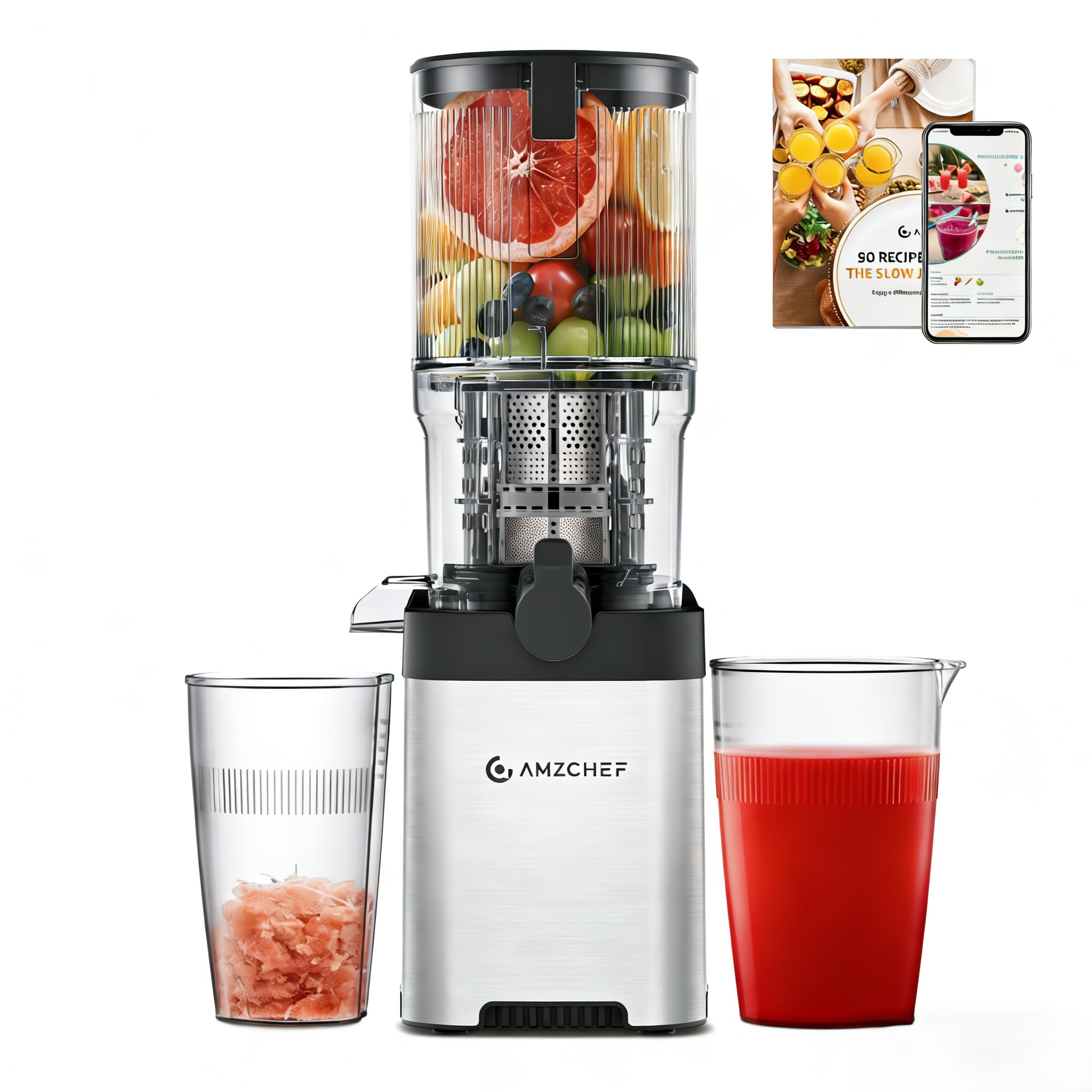 Cold Press Juicer Machine, 5.3" Extra Self-Feeding Chute for Whole Vegetables &amp; Fruits, Large Auger &amp; Triple Strainers, High Juice Yield, Easy to Clean, Stainless Steel Silver