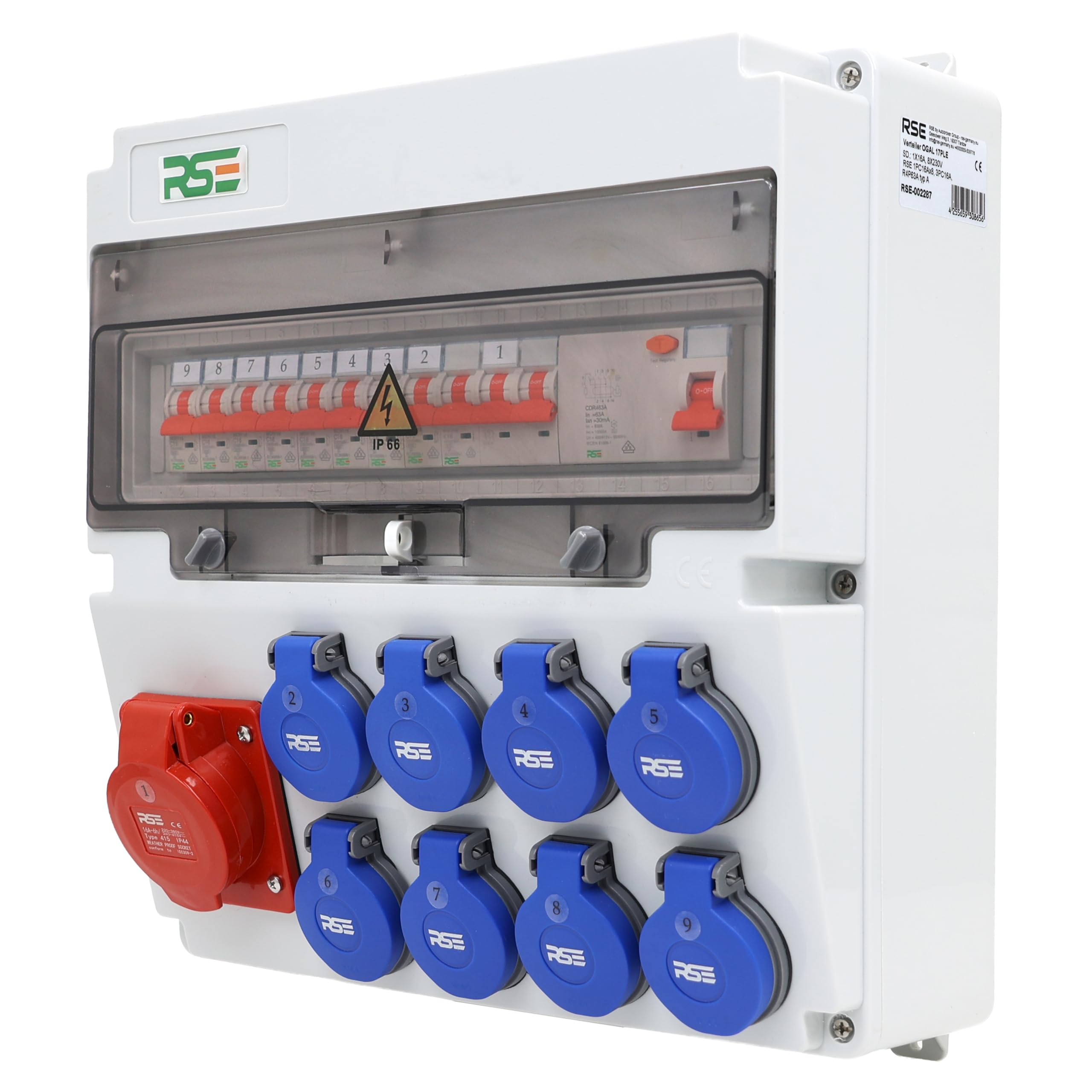 RSE BAUSTROMVERTEILER WANDVERTEILER KOMPLETT VERDRAHTET, VERSCH. VARIANTEN 32A CEE, 16A CEE, 230V ZUR AUSWAHL, IP66 GEHÄUSE, 1X16A, 8X230V, MIT LS+FI