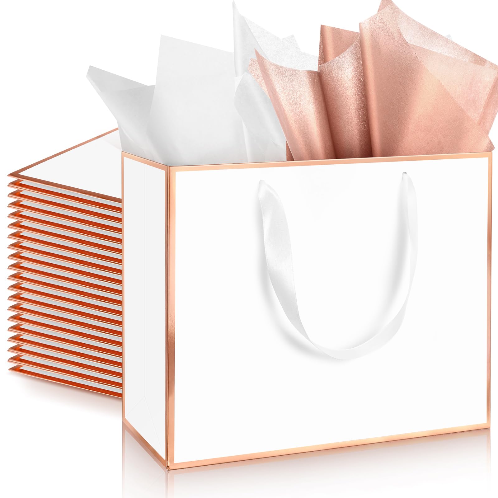 ReliThick 12 Pack Metallic Paper Gift Bag with Handles and Tissue Paper 11.8 x 10 x 4'' Thank You Favor Bag for Valentine's Day Birthday Party Wedding Favor Bridesmaid Gifts(Rose Gold, White) — image 1