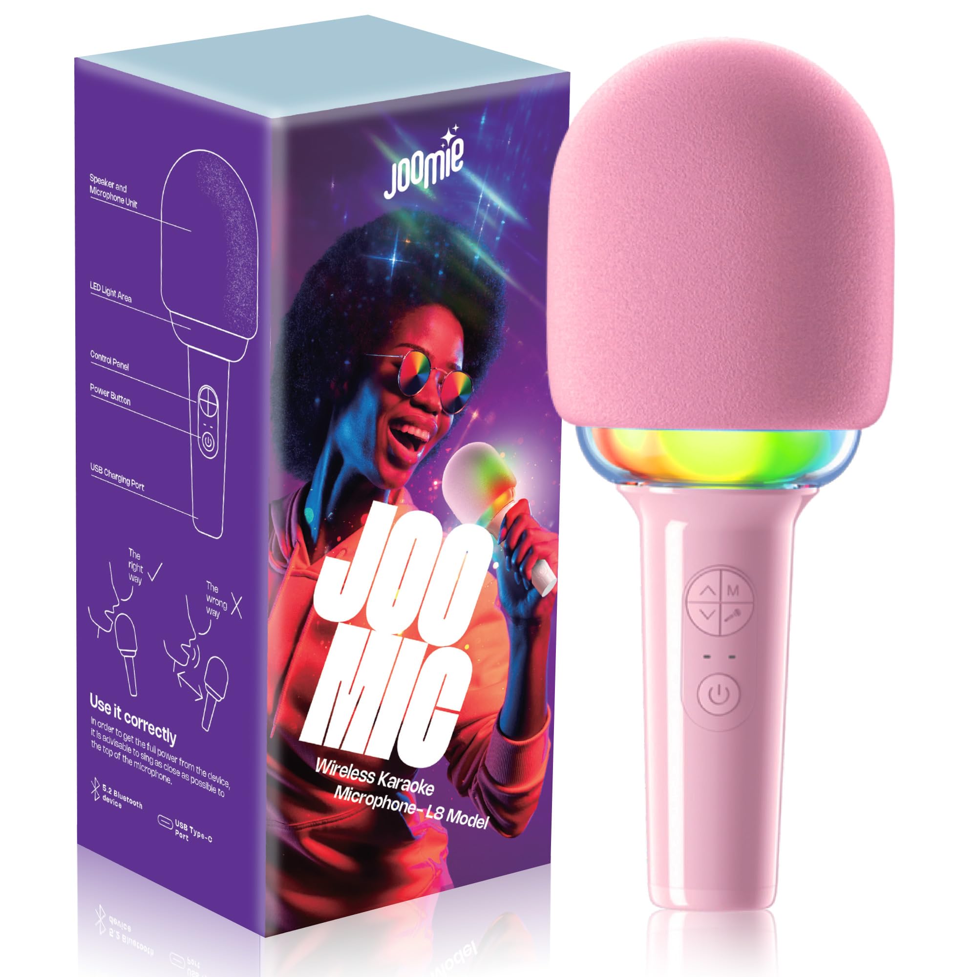Joomie - Micrófono de karaoke inalámbrico para niños, divertido juguete musical con parabrisas rosa, diseño seguro, controles fáciles y batería de larga duración para fiestas infantiles, citas de