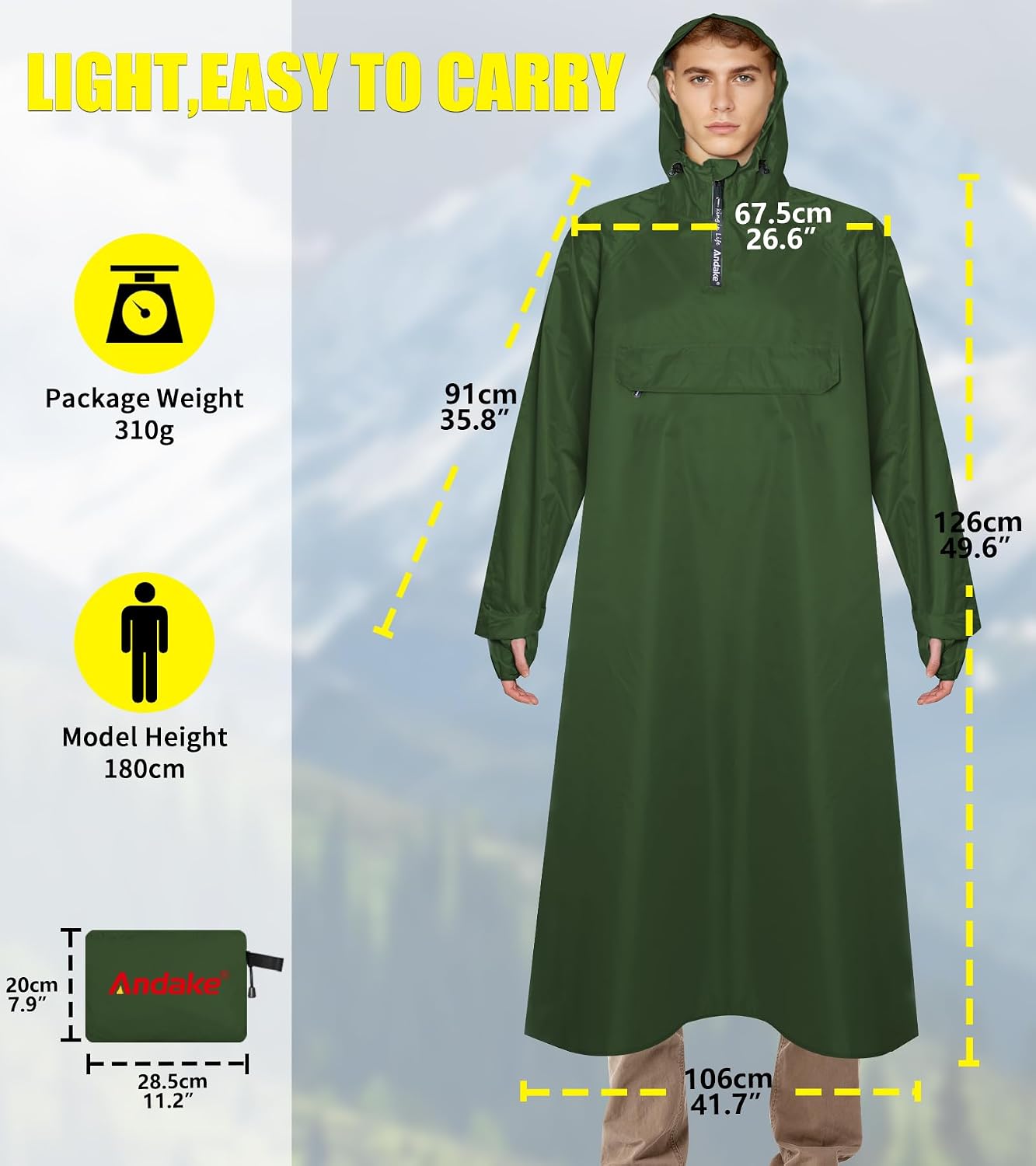Hooded Rain Ponchos for Adults with Pocket & Zipper, Unisex Reusable Lightweight Raincoat Jacket for Hiking, Camping, Outdoor