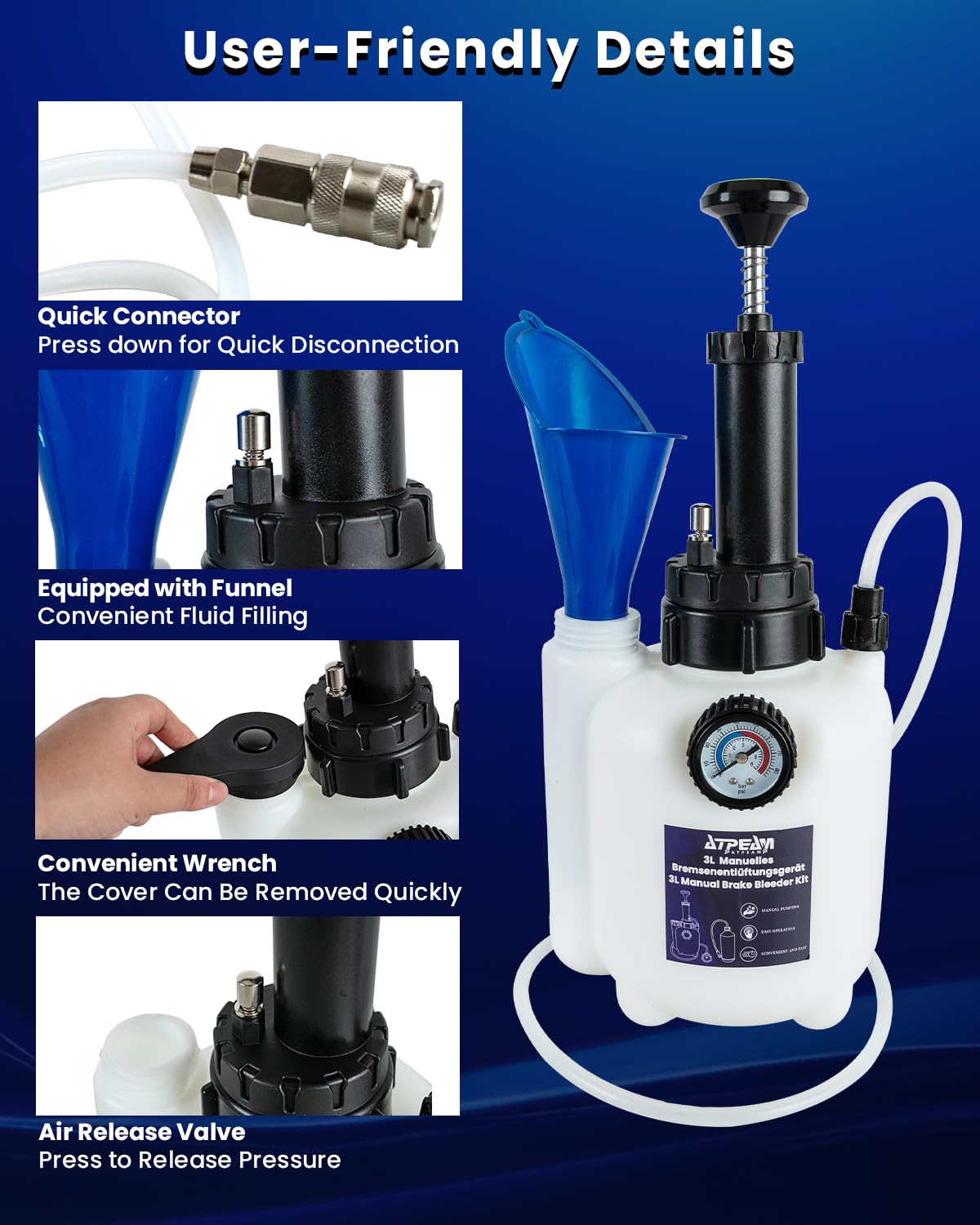 ATPEAM Bomba Manual de Aceite 3L, Purgador de Frenos y Kit de Extracción de Líquidos, Herramienta Universal para Cambio de Aceite y Purga de Sistemas de Frenos