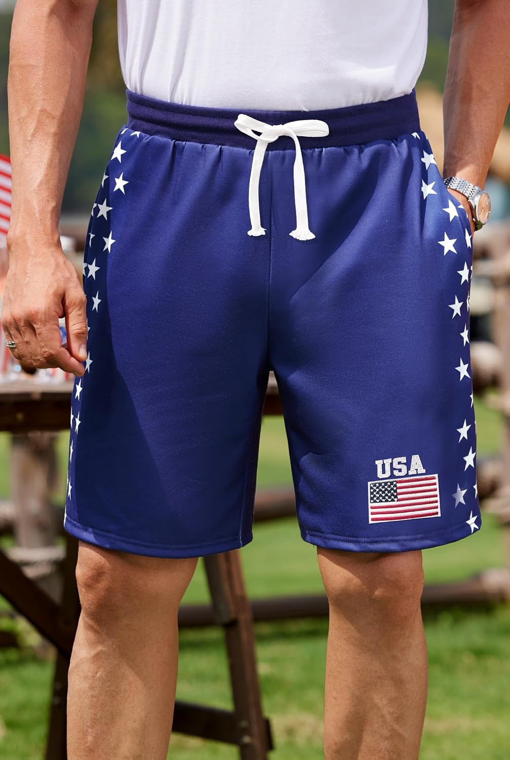 Arvilhill Men American Flag Shorts Patriotic Stars Stripes SweatShorts with Elastic Waistband