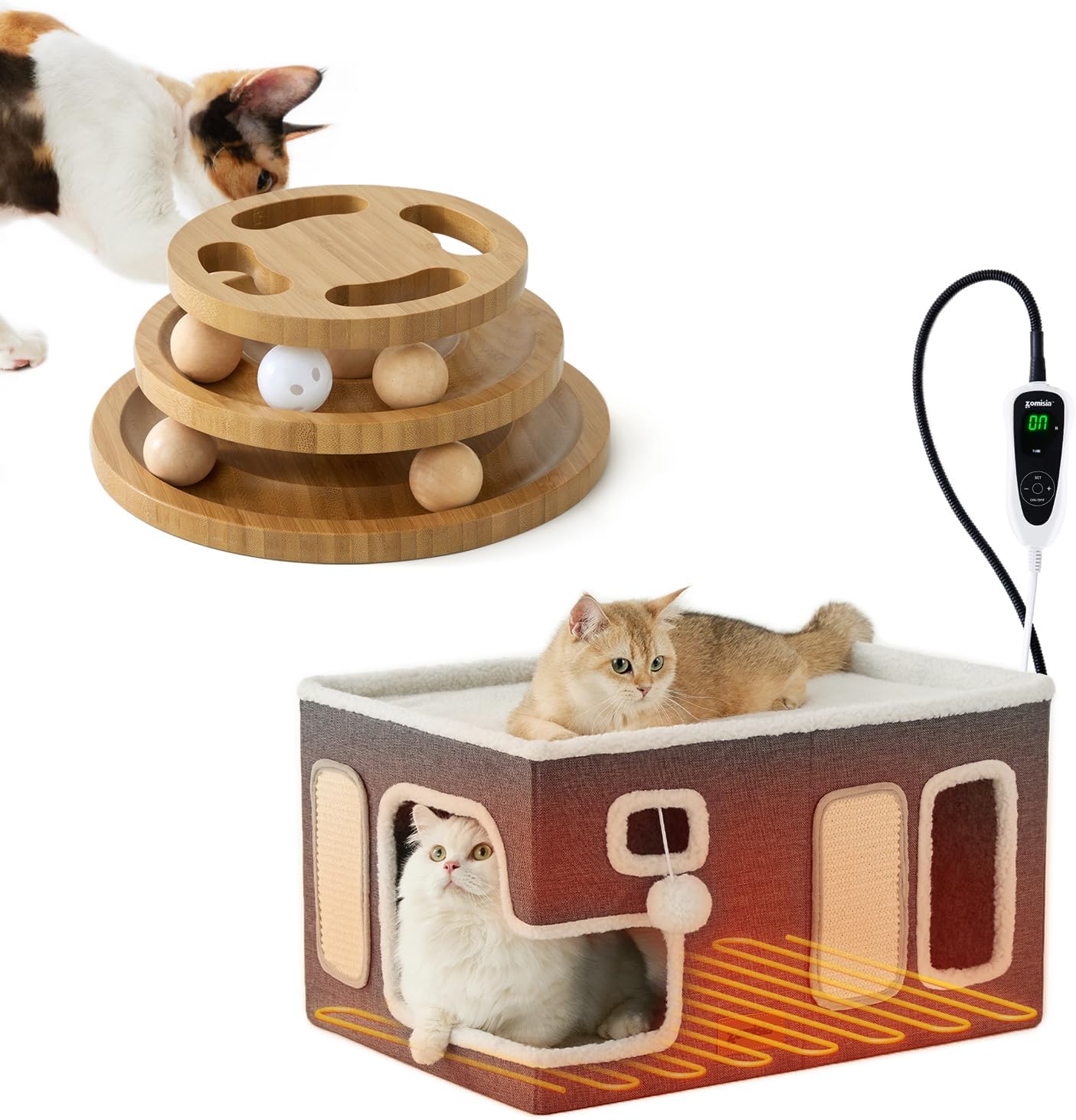 Heated Cat House for Indoor Cats & Cat Ball Track Toy with Puzzle Top