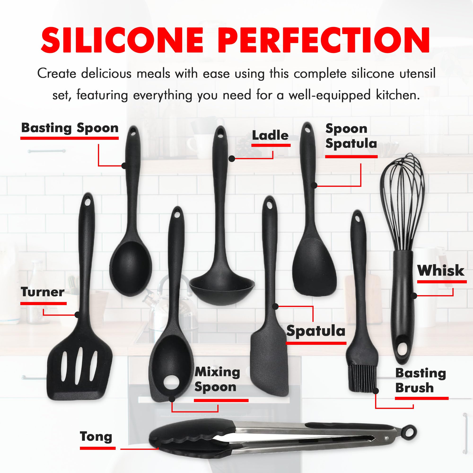 Chef Craft 42125 Hochwertiges Silikon Küchenhelfer und Utensilien-Set, schwarz