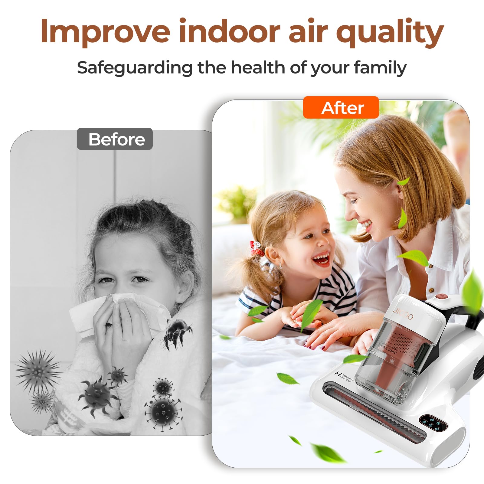 JIGOO J200 Aspiratore portatile antiacaro battimaterasso con Luce UV-C,Aspirapolvere materassi da 500W con riscaldamento a 55 ℃,antibatterico,rimuove allergeni e polvere,Sensore intelligente di sporco