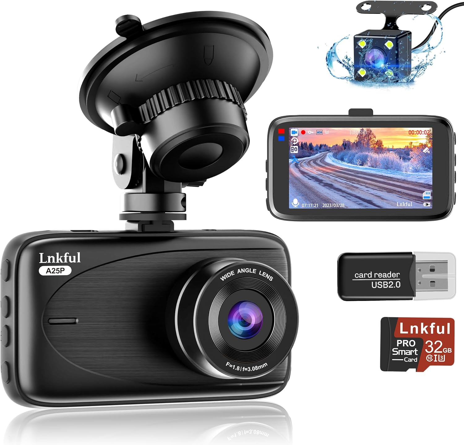 Dash Cam Front and Rear Camera, Lnkful Dash Camera for Cars with 32GB