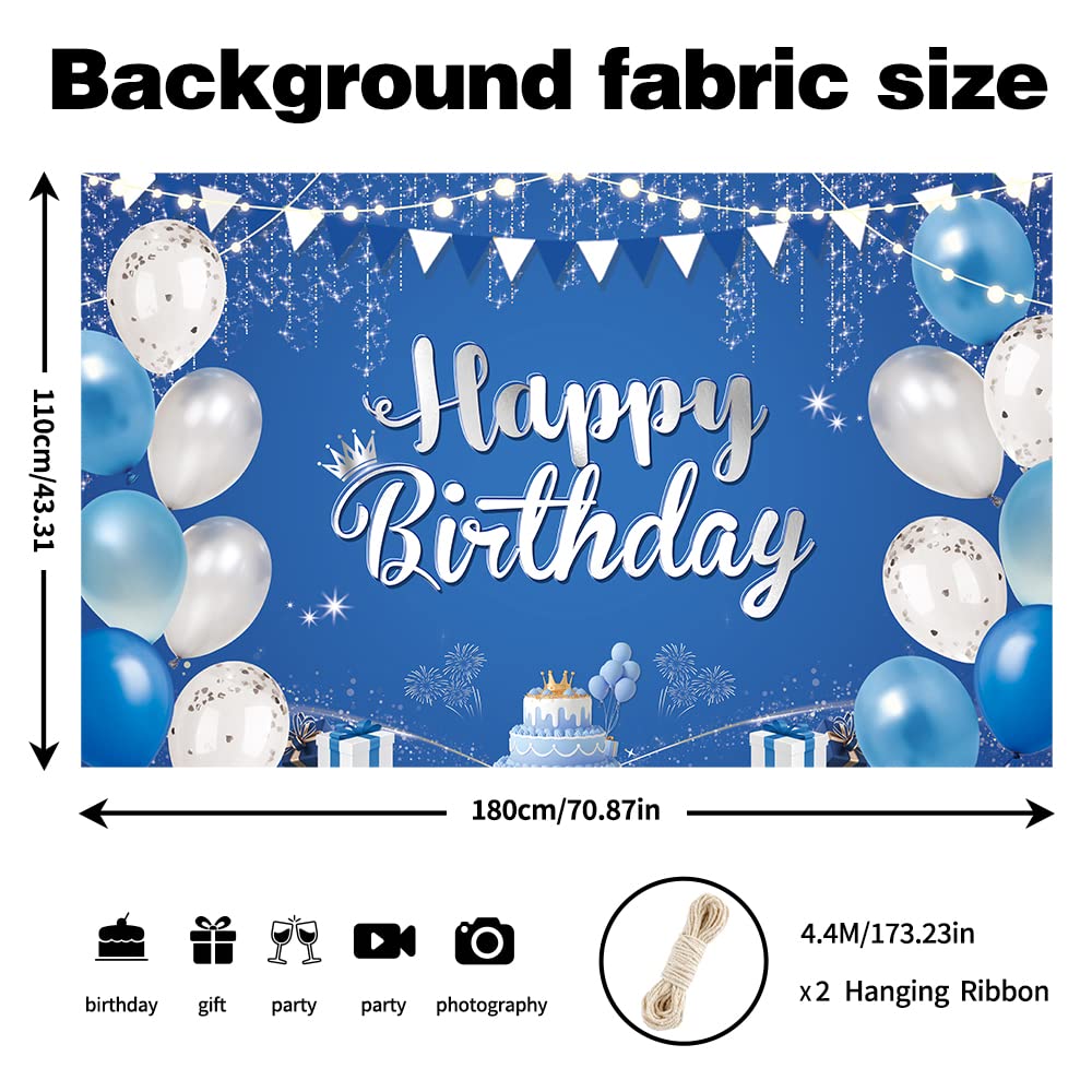 Happy Birthday Hintergrund Mit Stier-Motiv – Blau-silberne Partydekoration | Wiederverwendbar, Wasserfest, 1,1 X 1,8 M