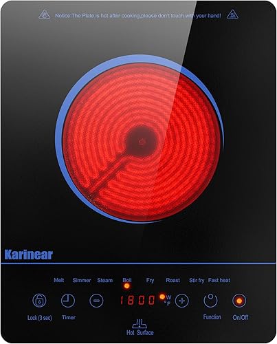 Karinear Estufa eléctrica portátil, estufa eléctrica de un solo quemador de cerámica con control táctil, bloqueo de seguridad, temporizador,