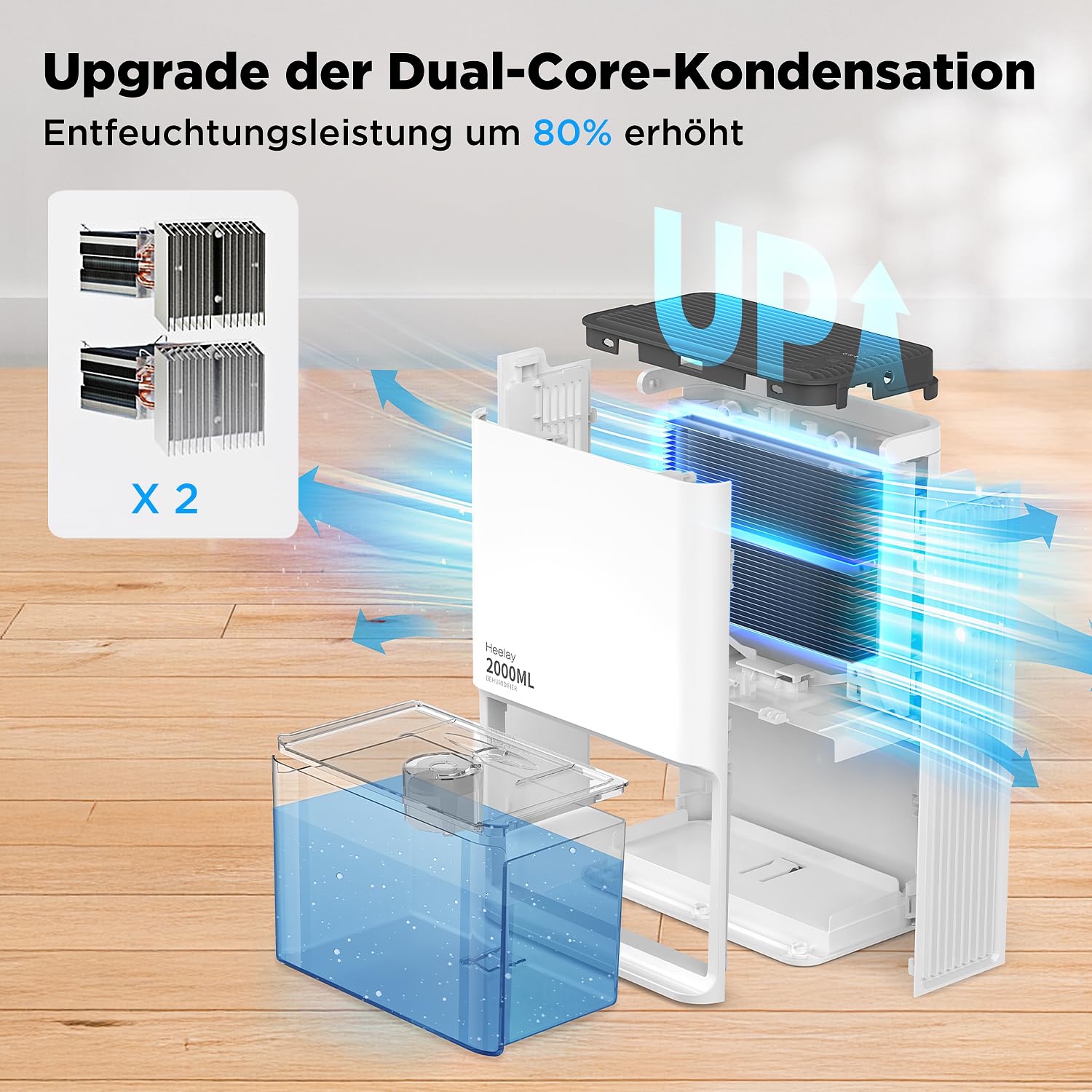 Heelay Deumidificatore elettrico, deumidificatore per ambienti silenziosi da 2L, risparmio energetico, spegnimento automatico, luce a 7 colori, contro umidità e muffa per camera da letto, bagno e casa
