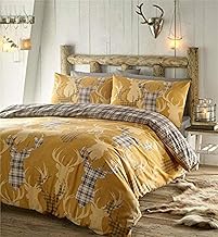 Homemaker Rustic stag duvet sets & tartan check quilt cover ochre mustard reversible bedding (Single)