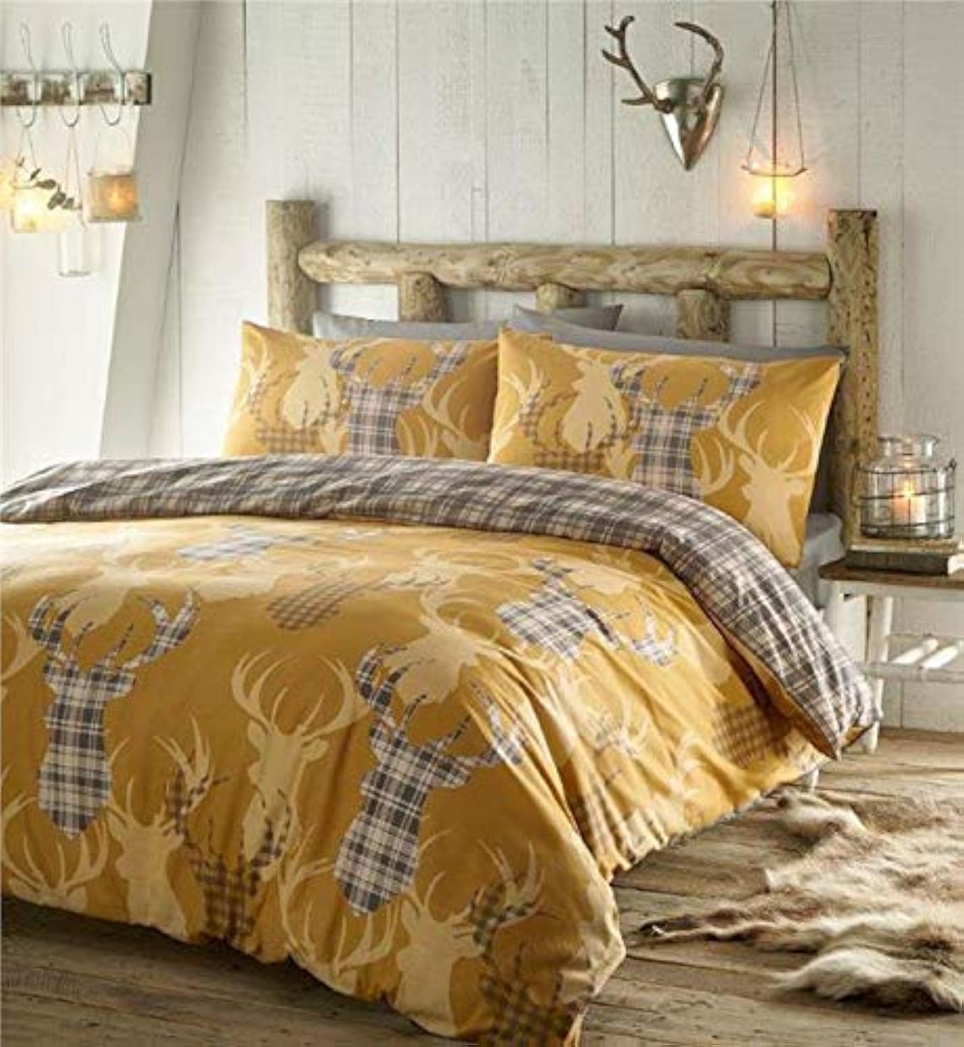 Homemaker Yellow Rustic Stag Duvet Sets & Tartan Check Quilt Cover Ochre Mustard Reversible Bedding (Single)