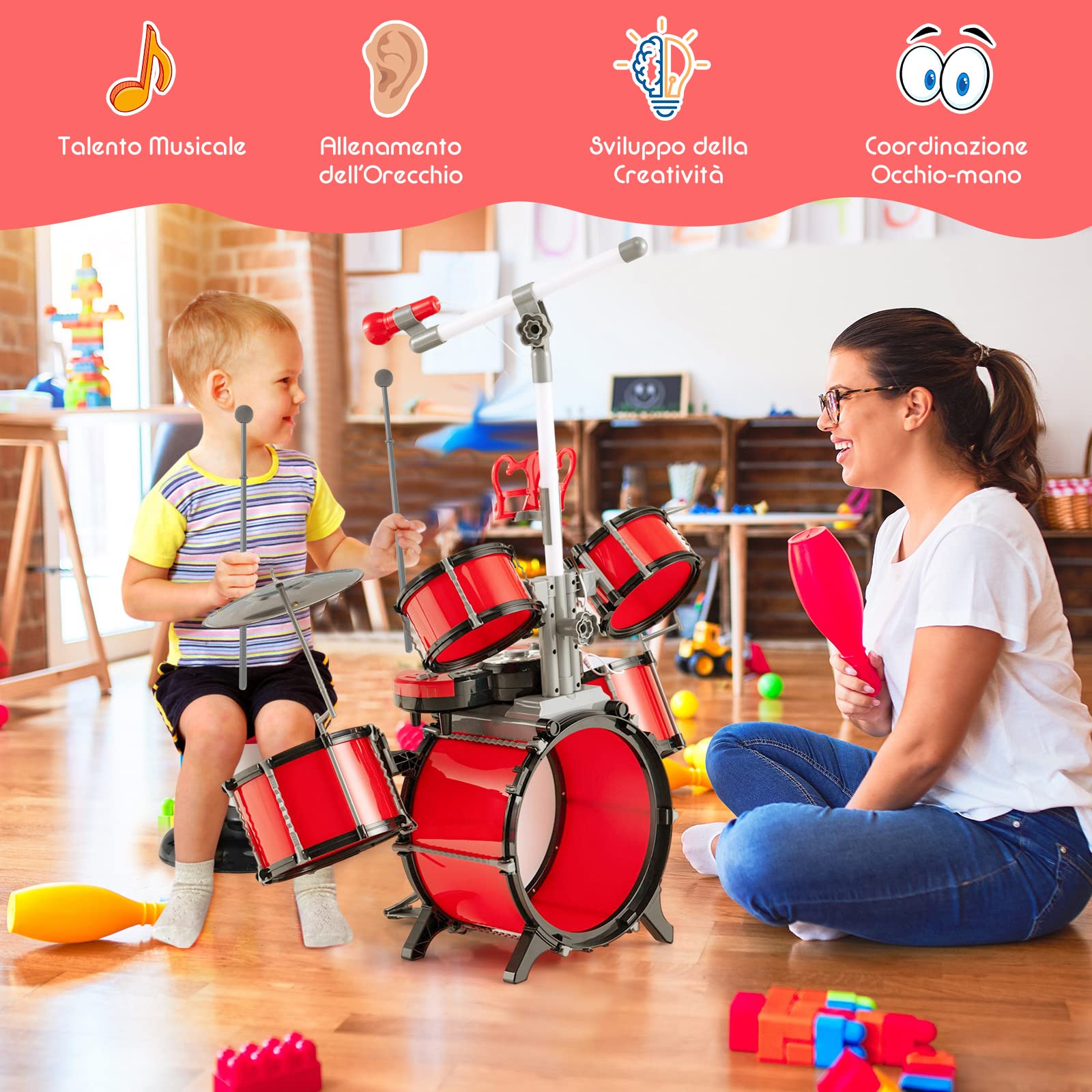COSTWAY Set di Batteria per Bambini, Batteria Jazz con Tastiera Microfono e Leggio, Strumento Elettrico con Sgabello, Regalo per Bambini 3+ Anni, Rosso