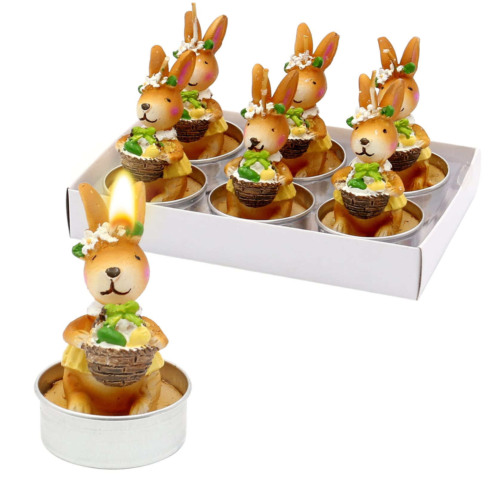 Dekohelden24 Easter Tea Light Candle Easter Bunny Set of 6 Dimensions of each Tea Light Approx. 4.5 x 6 cm Brown with Basket 6 cm