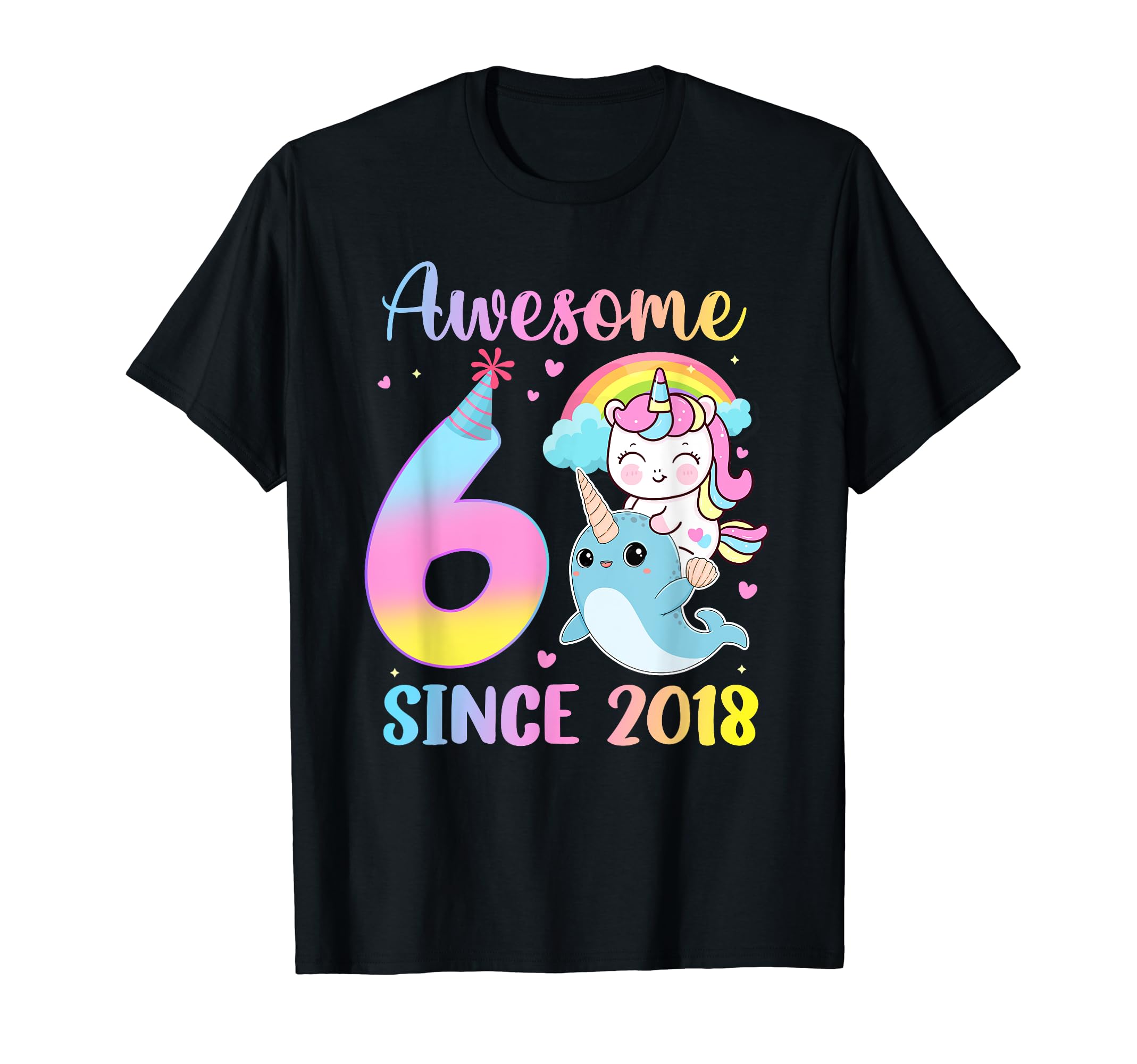 Unicorns & Narwhals Themed Birthday Gift Niña de 6 años de edad unicornio montando narval fiesta de cumpleaños 6 Camiseta