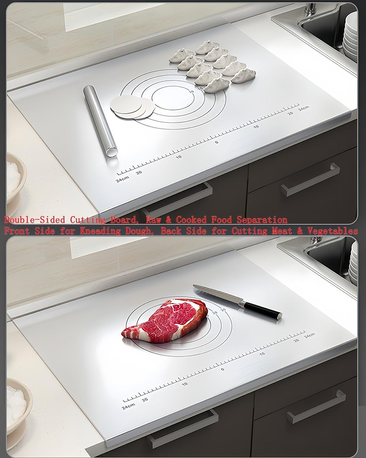 100% Pure 316 Stainless Steel Cutting Boards, Chopping Boards For Kitchens, Large 316 Stainless Steel cutting board with lip. Size Dimensions: Approx. 35.43 in L × 22.83 in W × 0.079 in Thickness