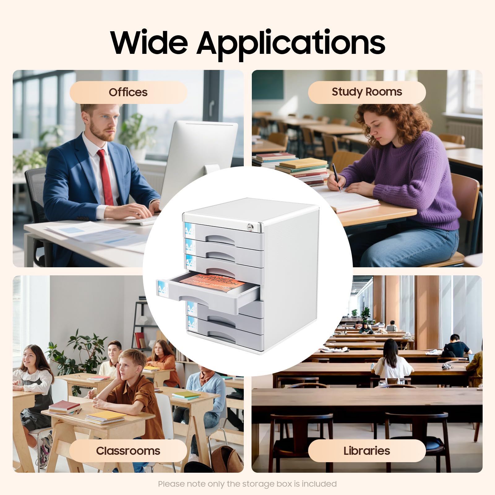 Cassettiera a 7 scomparti, robusta per ufficio, cassetti in metallo, organizer con barra per scrivere e serratura di sicurezza, impilabile per ufficio, home office