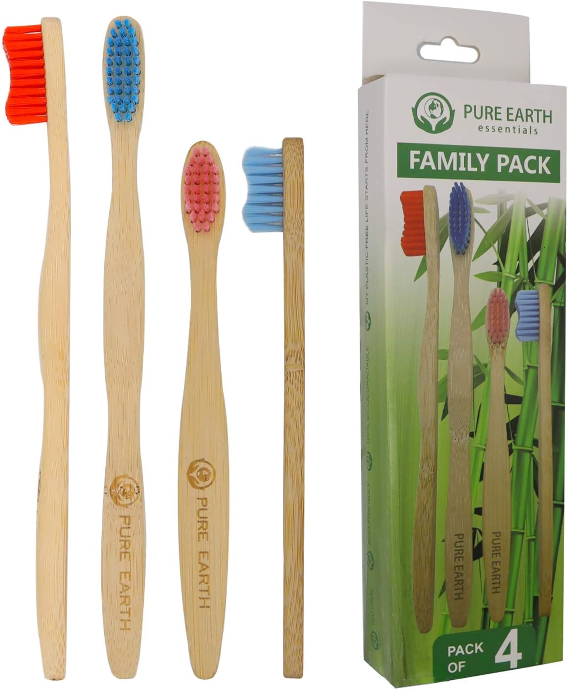 Family Set Natural Bamboo Toothbrushes - Organic Wooden Toothbrush - Biodegradable Eco Toothbrush with Soft Bristles for Dental Care and Sensitive Gums by Pure Earth Essentials (2 Adults and 2 Kids)