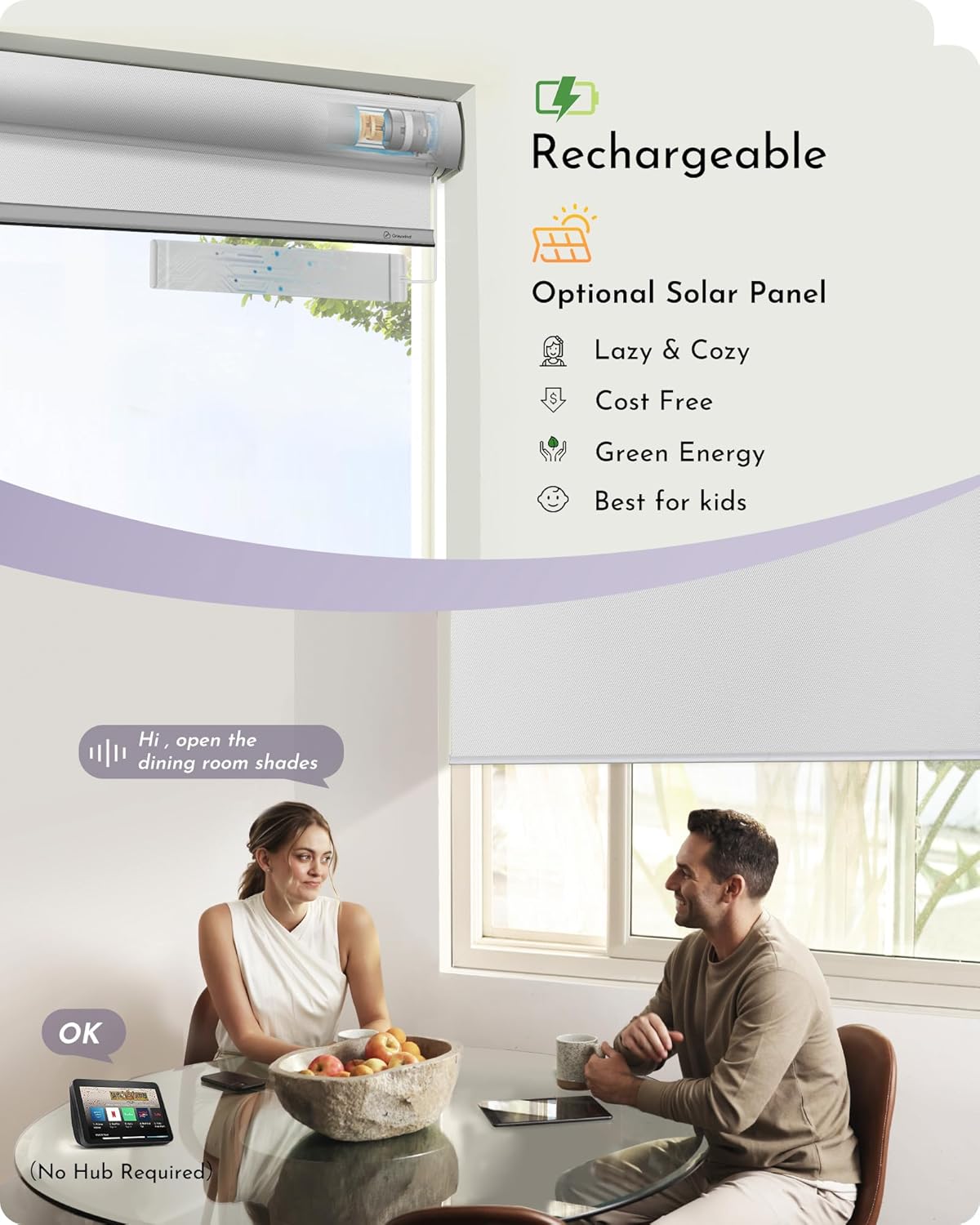 Graywind Motorized Roller Shade Work with Alexa Google 100% Blackout Rechargeable Smart Blinds Remote Control Battery Motor Cordless Window Shades, Customized Size (Bright White)