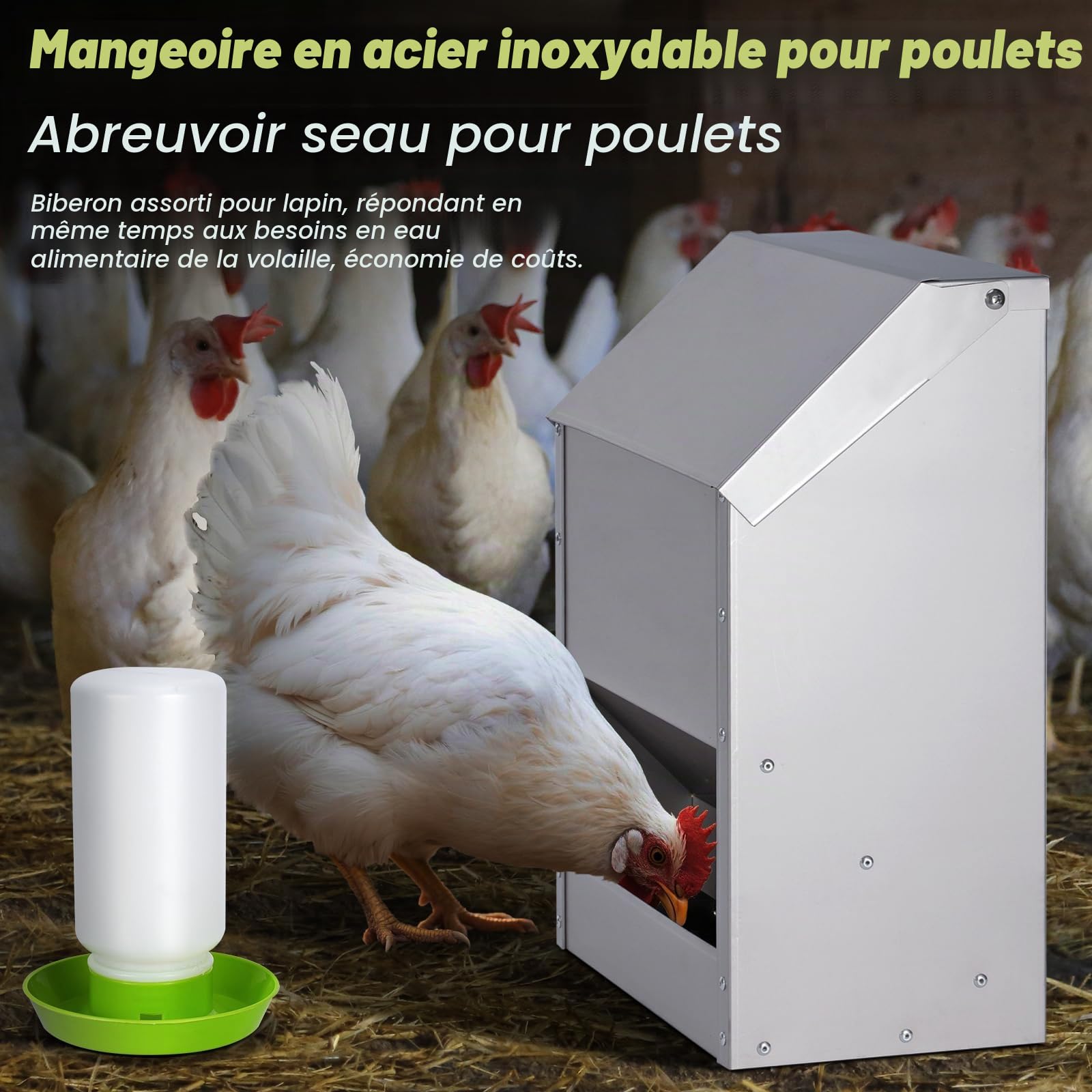 Mangeoire Automatique pour Poulets, Mangeoire Suspendue en Acier Inoxydable de 10 Kg avec Abreuvoir pour Poulets, sans DéChets, Mangeoire pour Poulailler ExtéRieur pour Canards, Oies