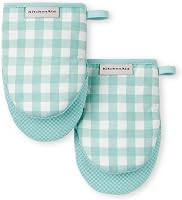 KitchenAid Gingham Mini Oven Mitts 2-Pack, Mineral Water - Heat-Resistant Cotton with Silicone Grip, 5.5x8 Inch