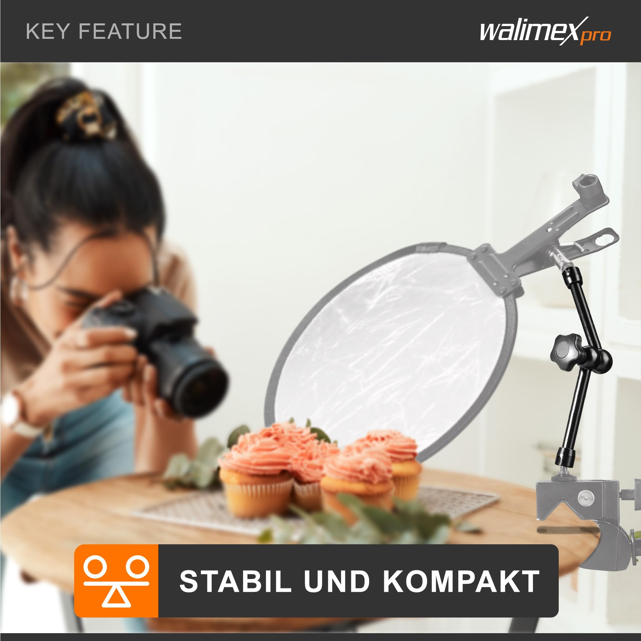 Walimex pro Gelenkarm XL SP – 530 x 80 x 80 mm – Stabiler Friktionsarm mit 5kg Belastbarkeit und 53cm Länge – für DSLRs, Videokameras, Beleuchtung- mit 5/8" Spigotanschlüssen und zentraler Rasterung