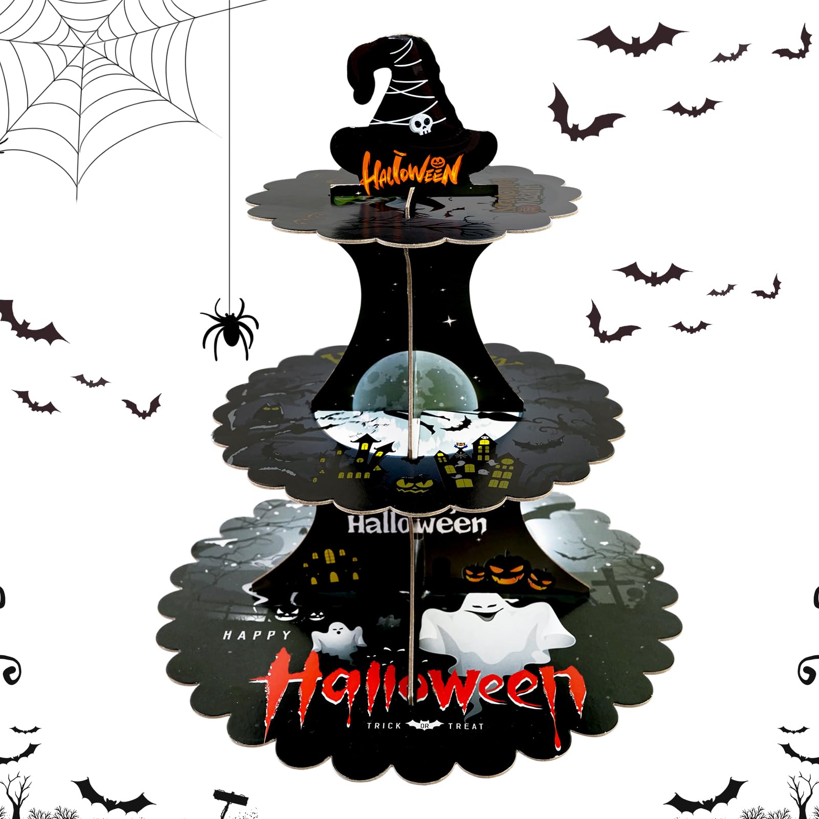 Photo 1 of *2 pack* EVYIENEN Halloween Cupcake Stand,3 Tier Cupcake Stand Cardboard Cake Stand Horror Theme Party Supplies Dessert Tower Holder for Happy Hallows Day Horror Scary Table Decorations