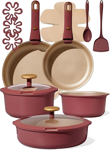 CAROTE Juego de ollas y sartenes antiadherentes reforzadas con titanio, 18 piezas, juego de utensilios de cocina antiadherentes con mango