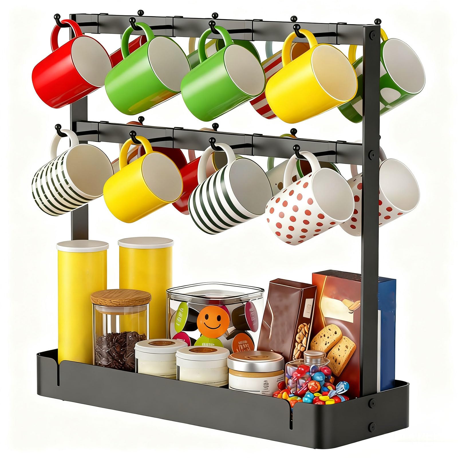 Yeqqzq ﻿Coffee Mug Holder Stand Countertop, Tree Rack for 16 Mugs, 2 Tier Counter with Storage Base, Metal Wire Tea Cup Holder for Coffee Station Kitchen Organizer, Not Included Mugs