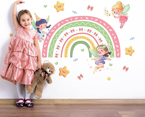 Miniatura 4 de Tanlaby Calcomanías de pared grandes de hadas de arco iris, calcomanías de pared de elfo y estrellas, calcomanías de pared para niñas, dormitorio,