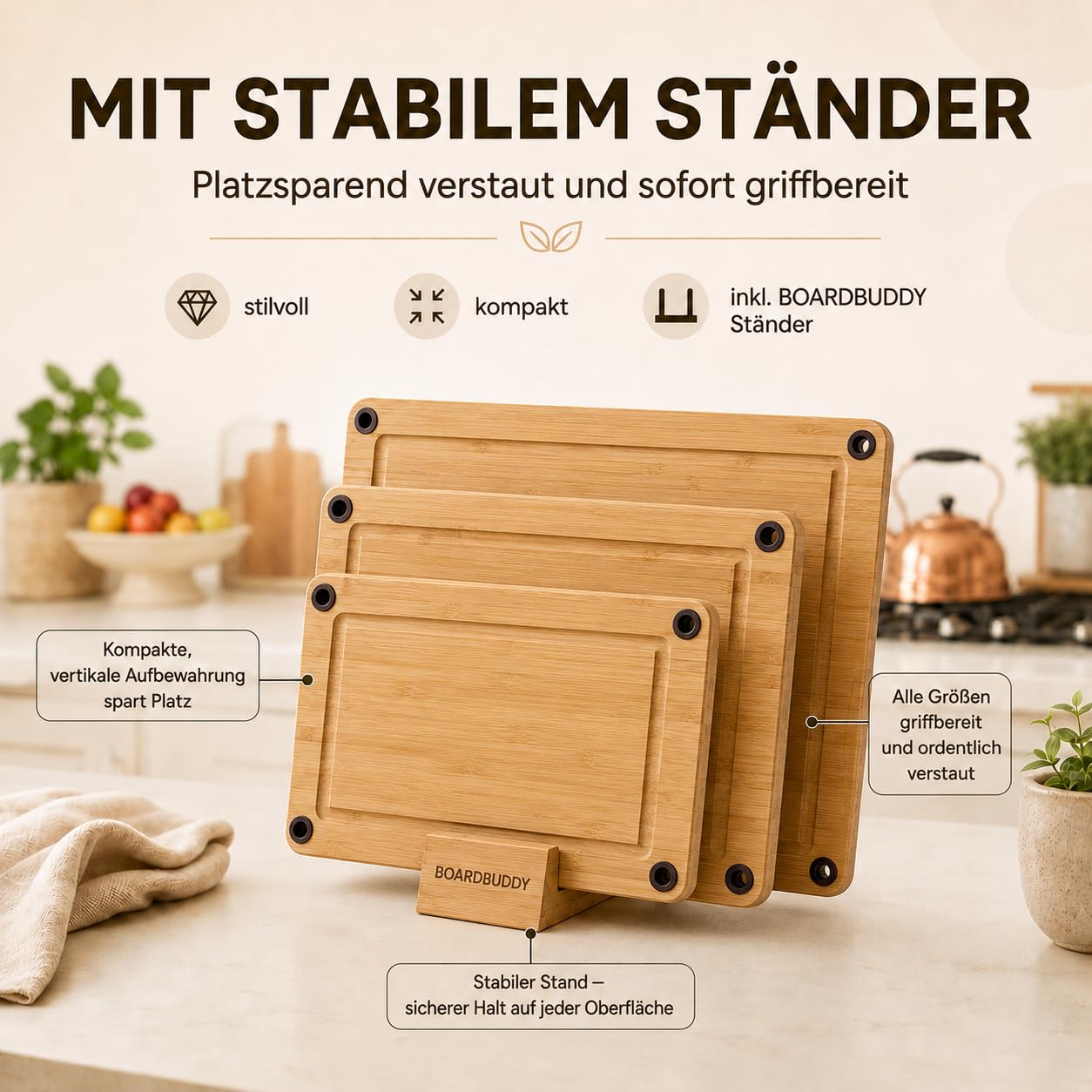 BOARDBUDDY Set di 3 taglieri con piedini in silicone antiscivolo by Molunda – Il tuo amico in cucina – innovative tavole in legno di bambù con supporto (3, 35 x 24 cm/32 x 22 cm/28 x 19,5 cm)