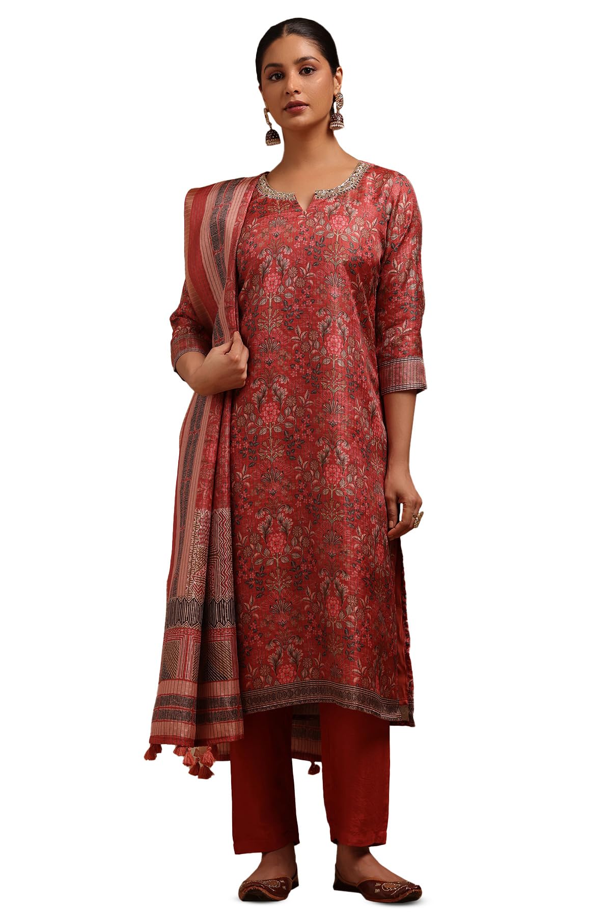 Womens Tussar Botanical Print Suit Set With Sequins-image-18