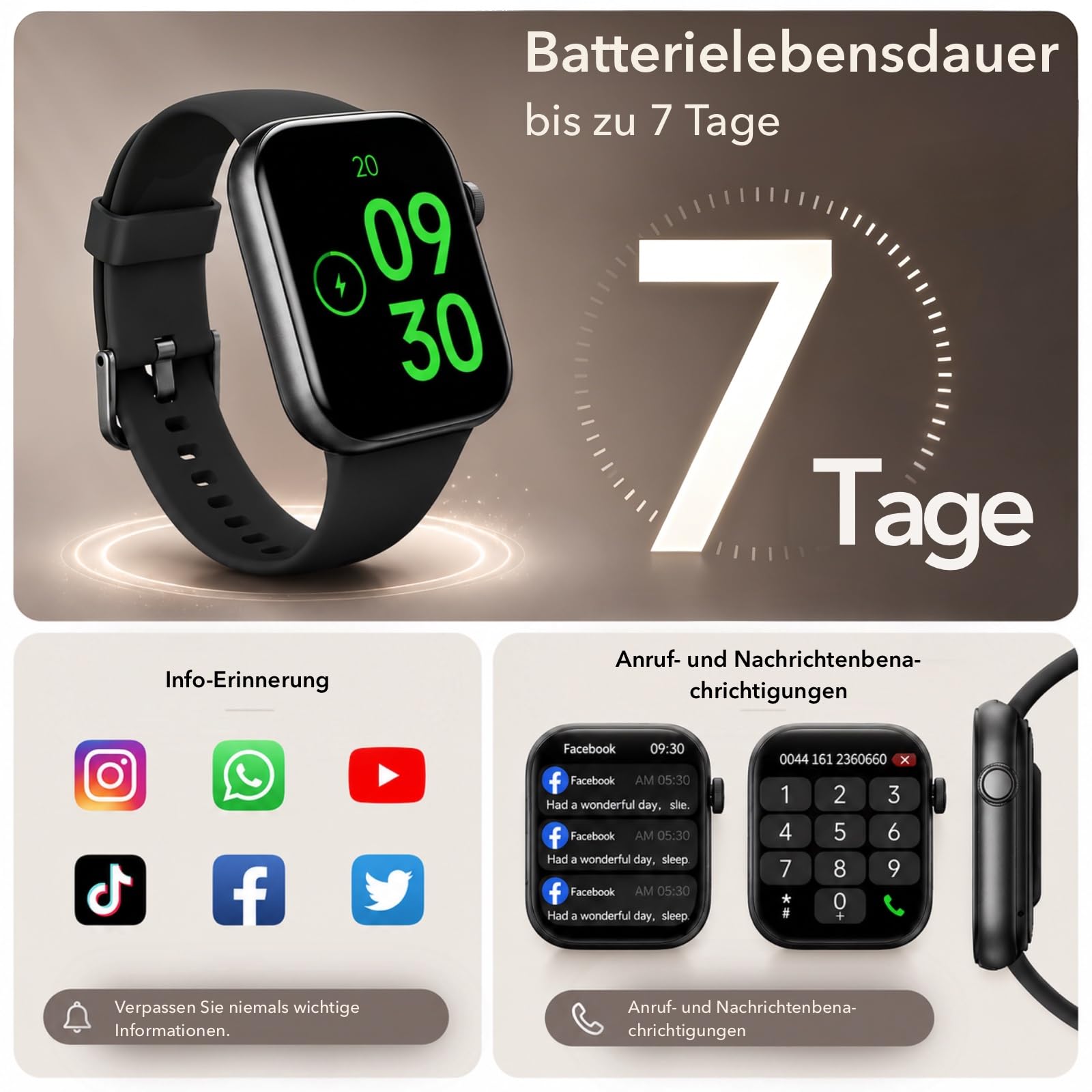 Smartwatch Damen Herren, 1,85" HD Touch Fitnessuhr mit Telefonfunktion, 140+Sportmodi Smart Watch Fitness Tracker mit Pulsmesser Schlafmonitor Schrittzähler, IP68 Wasserdicht Sportuhr für iOS Black