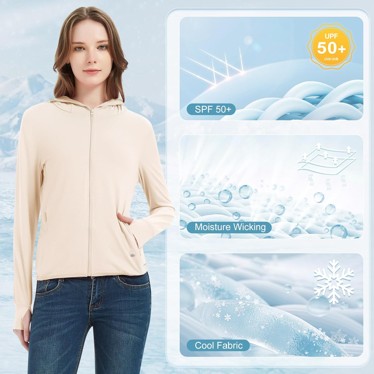 Guooolex Womens UPF 50+ Sun Protection Hoodie Jacket Lightweight Quick Dry Active UV Shirts with Zipper Pockets - Image 6