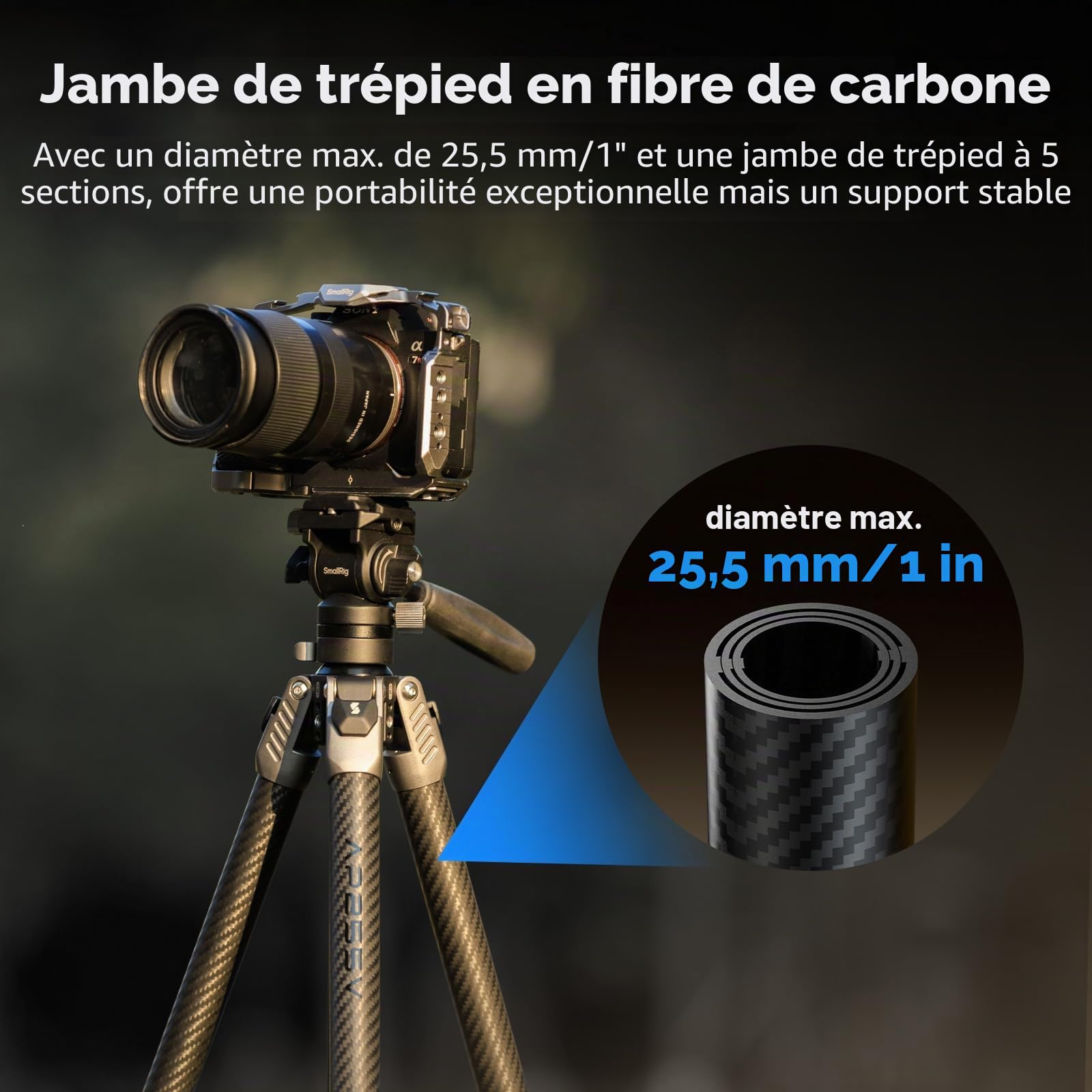 SMALLRIG 160 cm Trépied de Voyage Portable pour iPhone et Appareil Photo, Trépied Vidéo en Fibre de Carbone, Format Compact (52 cm), 3 kg Charge, Tête Fluide pour la Photographie en Extérieur - 5477