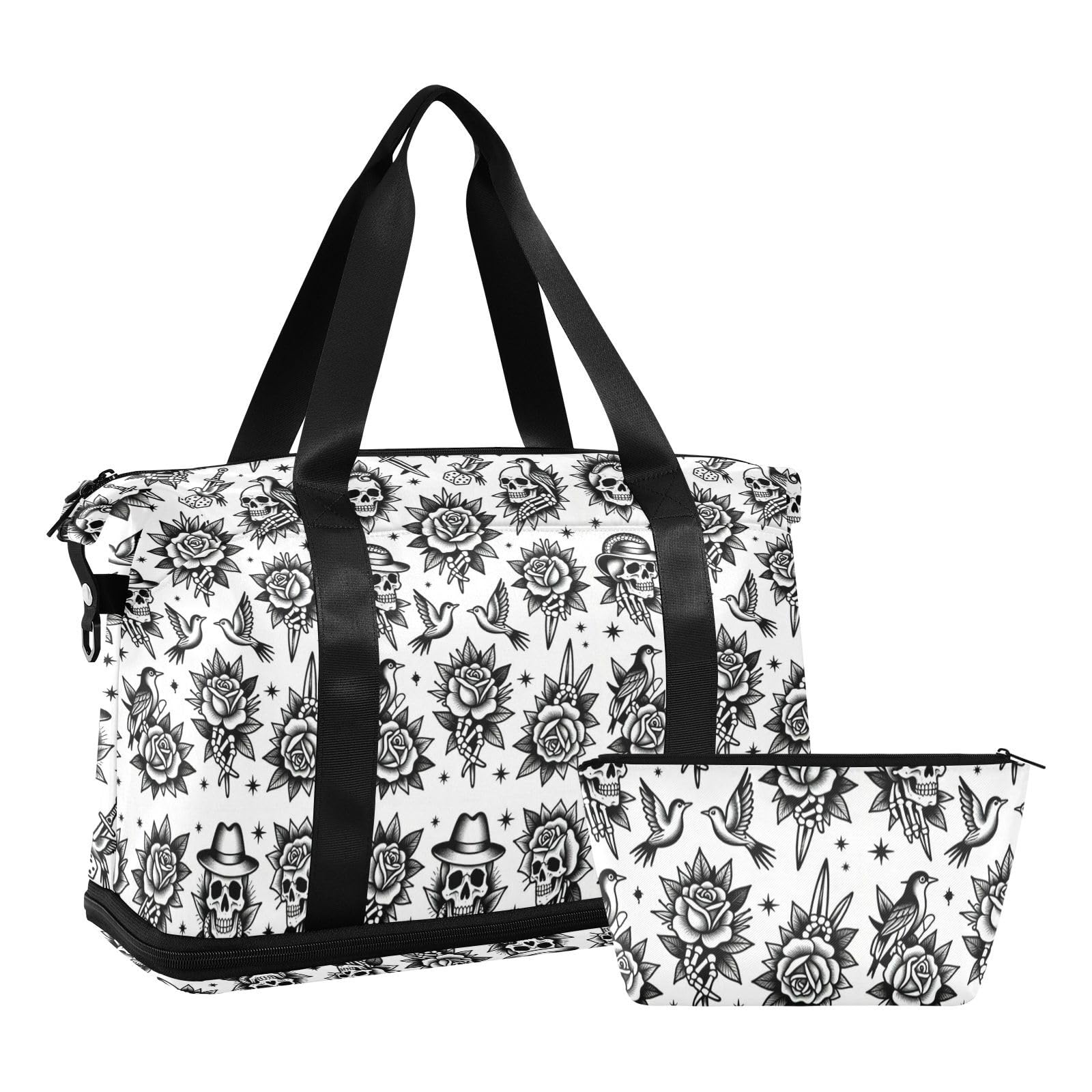 Vintage Old School Skull Rose Tattoo Carry On Shoulder Weekend Tote z mokrą kieszenią Regulowany pasek Torba na siłownię do treningu Duża pojemność dla mężczyzn kobiet
