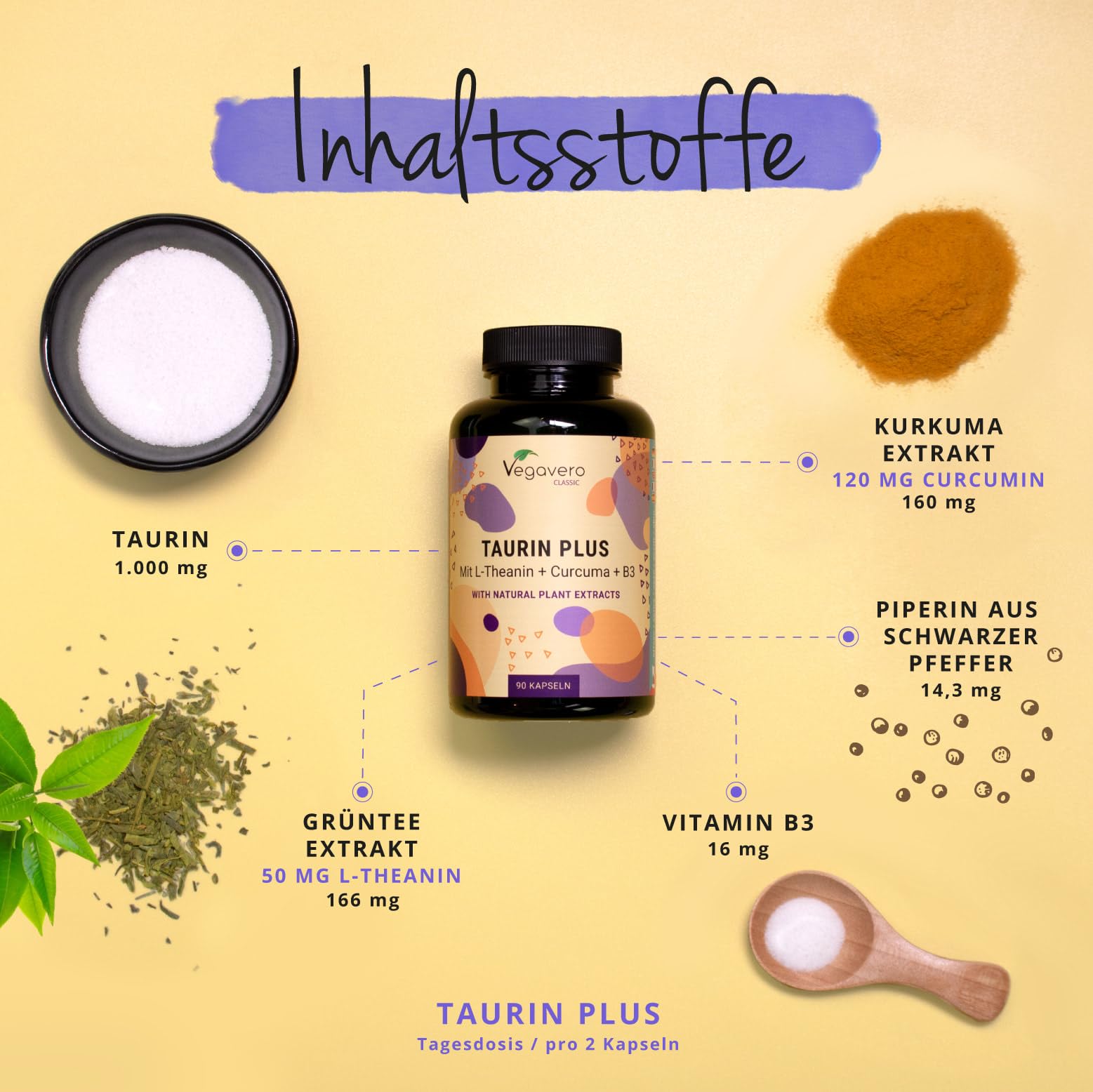 Taurina 1000 mg | Integratori Sport Pre e Post Workout | con L-Teanina, Curcuma e Vitamina B3 | Capsule ad Alto Dosaggio | No OGM | Vegan | Vegavero®