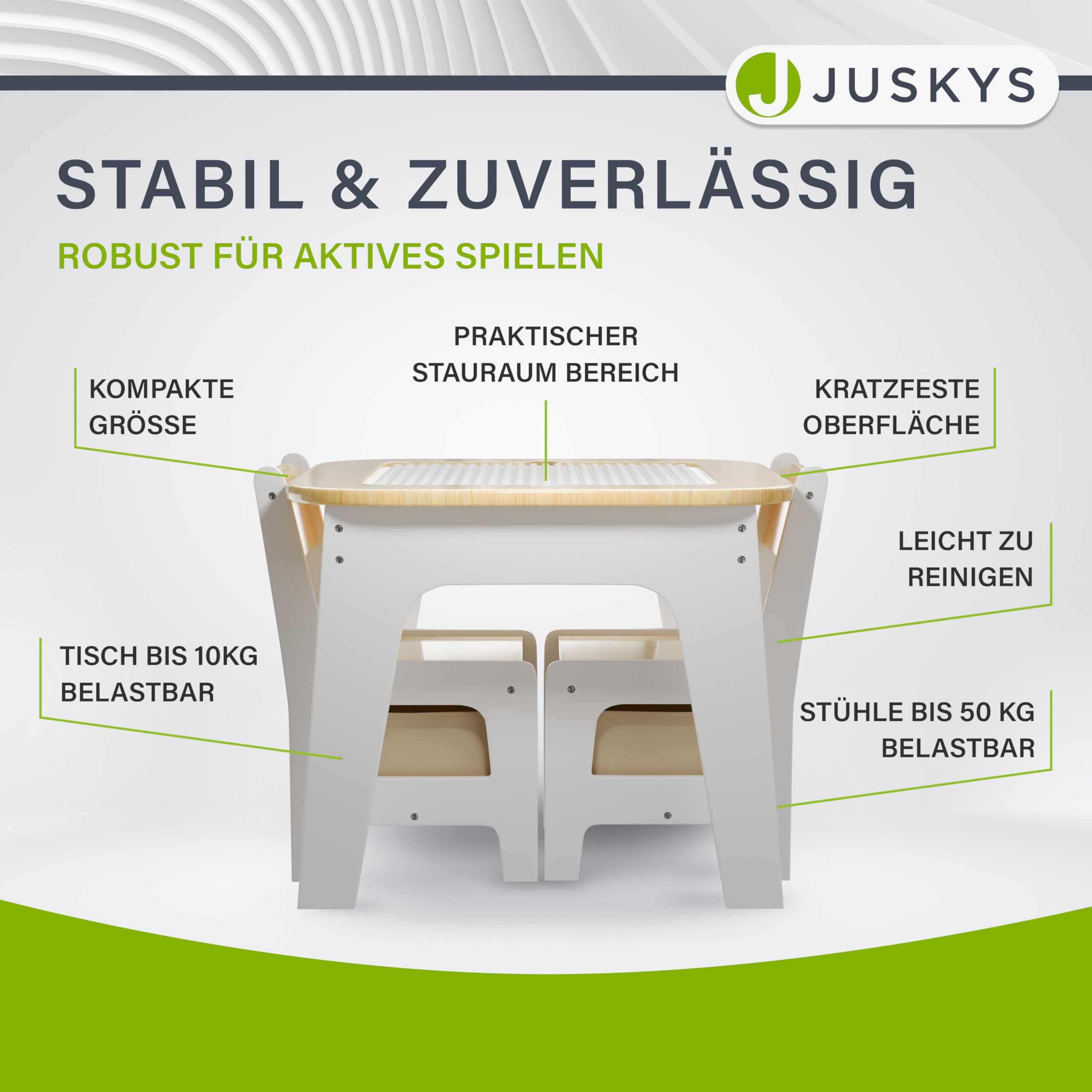 Juskys Kindersitzgruppe Milou - Set mit 2 Stühlen & 1 Tisch - Kindertisch Holz - Spieltisch mit Stauraum - Sitzgruppe für Kinder, Maltisch - Natur