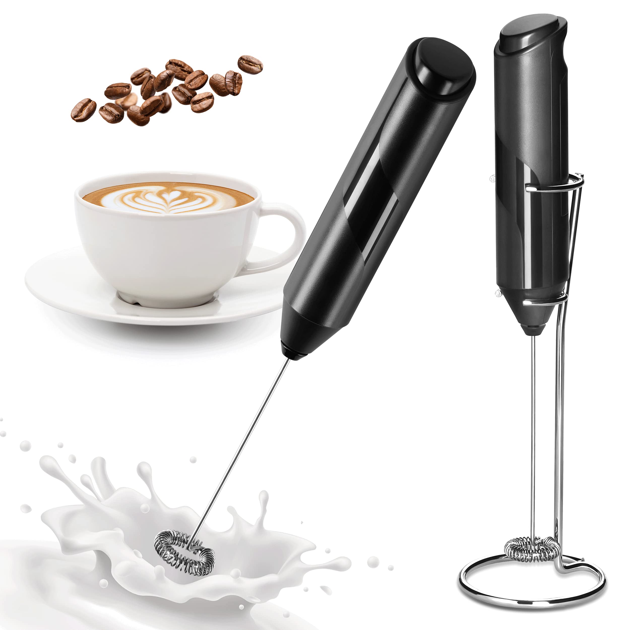 YSSOA 2 Pack Electric Milk Frother Handheld with Stainless Steel Stand Battery Operated Whisk Drink Mixer for Coffee, Frappe, Latte, Matcha, Black (Handheld, Black)