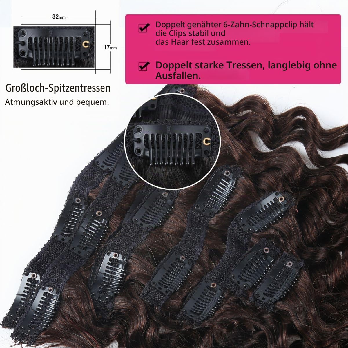 Deep Curly Clip in Extensions Echthaar，60cm 24 Zoll 8PCS 120g #2 Braun Haarverlängerung für Frauen Water Wave Remy Hair Extensions Clip in