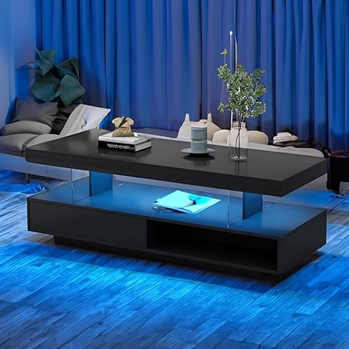 LED Coffee Table with Storage, LED Coffee Tables for Living Room, High Gloss Coffee Table with LED Lights, Modern Center Table with Open Display Shelf & 2 Sliding Drawers