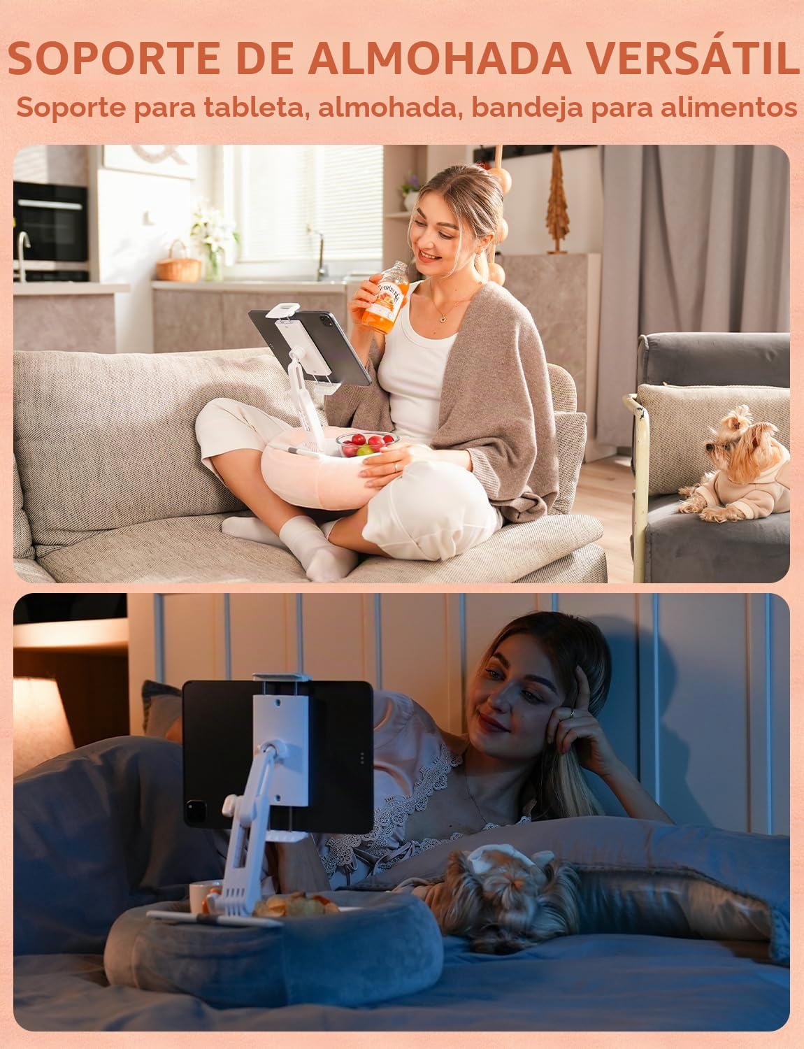 Soporte para Tablet y Sostén de Cojín para E-Reader con 2 Bandejas Desmontables & Cojín de Felpa Suave para Cama/Regazo Compatible con Kindle, Kobo, iPad, iPhone, Android, Otros Dispositivos 4,7–16.1″