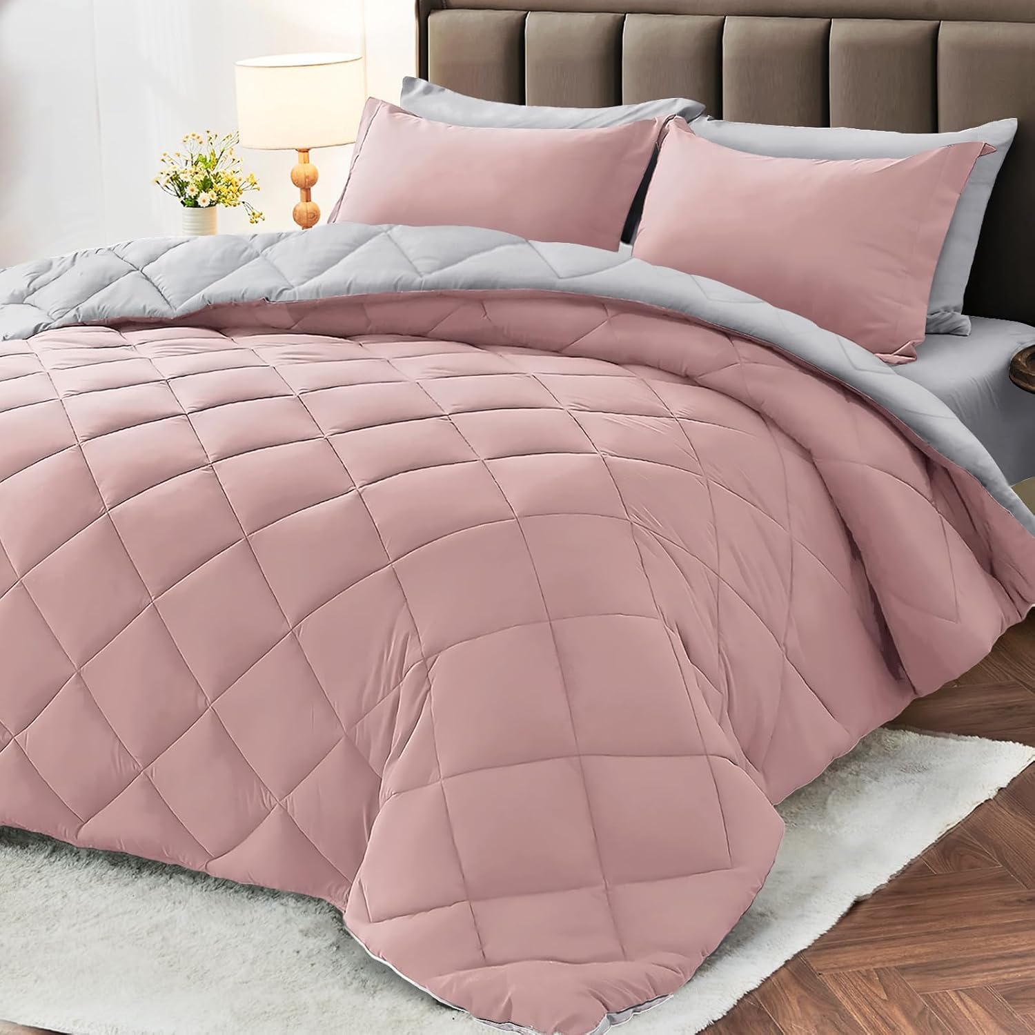 MUXHOMO 5 Pieces Twin Comforter Set, Reversible Bed in a Bag Twin Size, All Season Bedding Set with Comforter, Flat Sheet, Fitted Sheet, Pillowcases & Shams, Pink & Light Grey