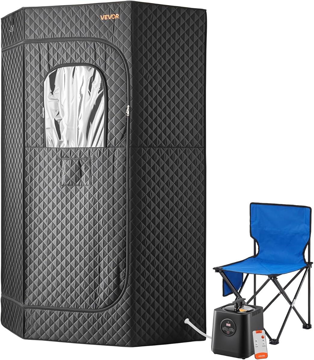 VEVOR Upgraded Portable Steam Sauna for Home, 1 Person Full Body Home Spa Tent with Steamer & 1 Foldable Chairs & Remote & Essential Oil Box,Heavy-Duty Stainless Steel Sauna Box, (Black,Pentagon)
