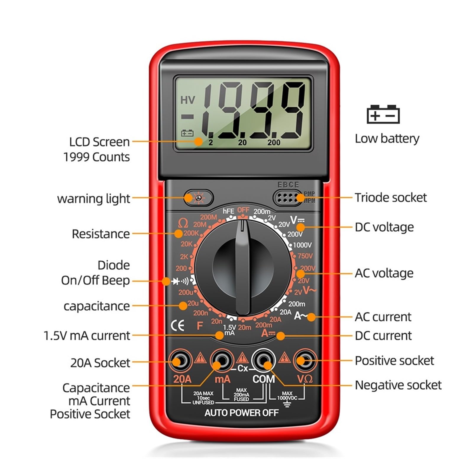 1999 Conta Multimetro Digitale AC/DC Tester Di Tensione Di Corrente Tester Elettrico Multimetro Analogico Professionale(12 Red PRO)