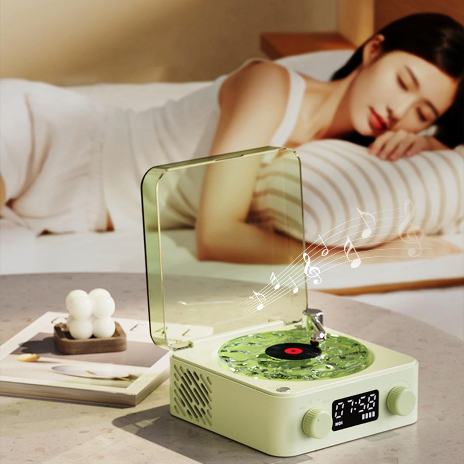 Głośnik Bluetooth Waves, Przenośny, Bezprzewodowy Odtwarzacz Płyt Winylowych z Czterema Trybami, Gramofon Waves Retro z Regulowanymi światłami, Morski Szum Biały do ​​sypialni,
