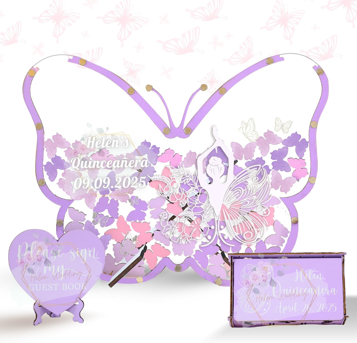 Personalized Quinceanera Butterfly Guest Book Alternative Heart Drop Frame | Mis XV sign-in drop-top frame for 15 Anos and Sweet 16, pastel purple princess theme, Libro de Firmas keepsake