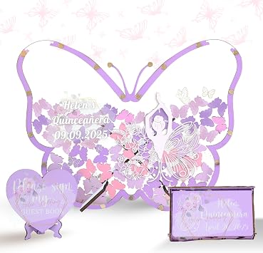 Personalized Quinceanera Butterfly Guest Book Alternative Heart Drop Frame | Mis XV sign-in drop-top frame for 15 Anos and Sweet 16, pastel purple princess theme, Libro de Firmas keepsake